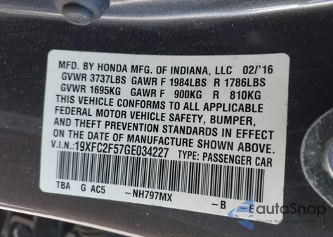 2016 Honda Civic Lx из США, поврежденный, VIN 19XFC2F57GE034227